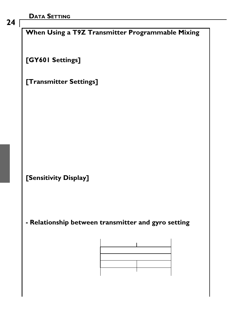 When using a t9z transmitter programmable mixing, Gy601 settings, Transmitter settings | Sensitivity display, Relationship between transmitter and gyro setting | Futaba GY601 User Manual | Page 24 / 43