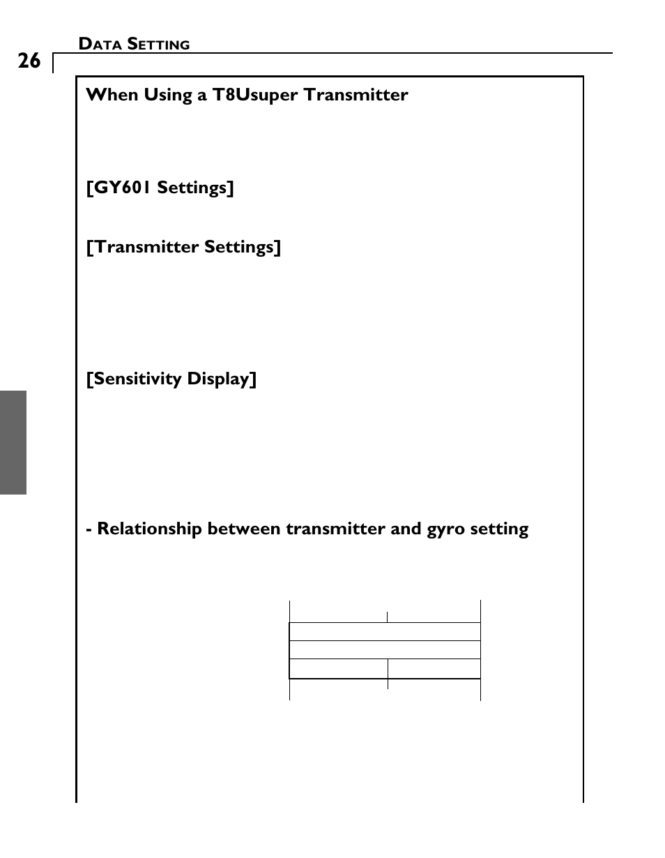 When using a t8usuper transmitter, Gy601 settings, Transmitter settings | Sensitivity display, Relationship between transmitter and gyro setting | Futaba GY601 User Manual | Page 26 / 43