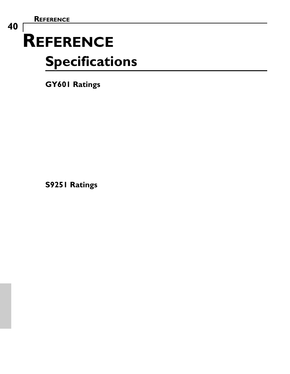 Eference, Specifications | Futaba GY601 User Manual | Page 40 / 43