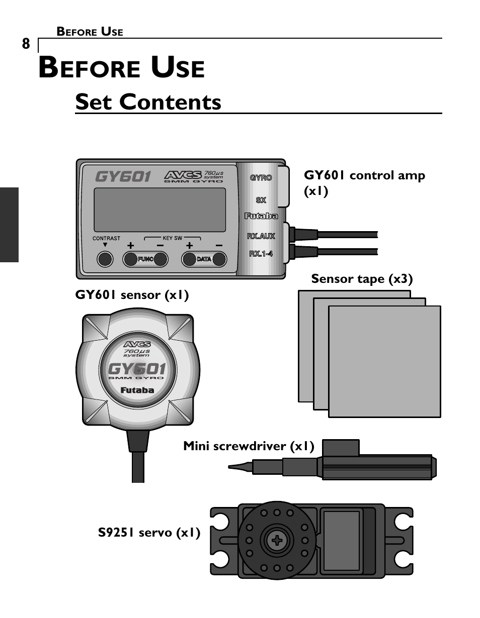 Set contents, Efore | Futaba GY601 User Manual | Page 8 / 43