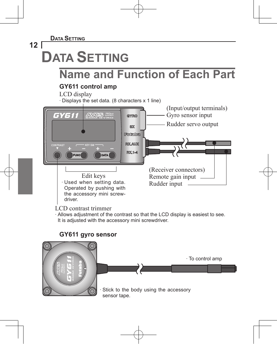 Etting, Name and function of each part | Futaba GY611 User Manual | Page 12 / 43