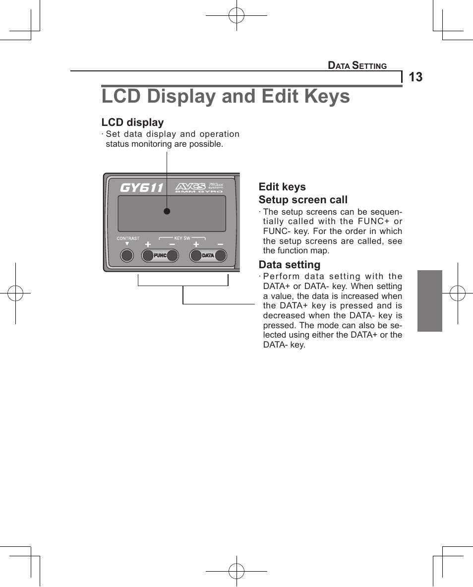 Lcd display and edit keys | Futaba GY611 User Manual | Page 13 / 43