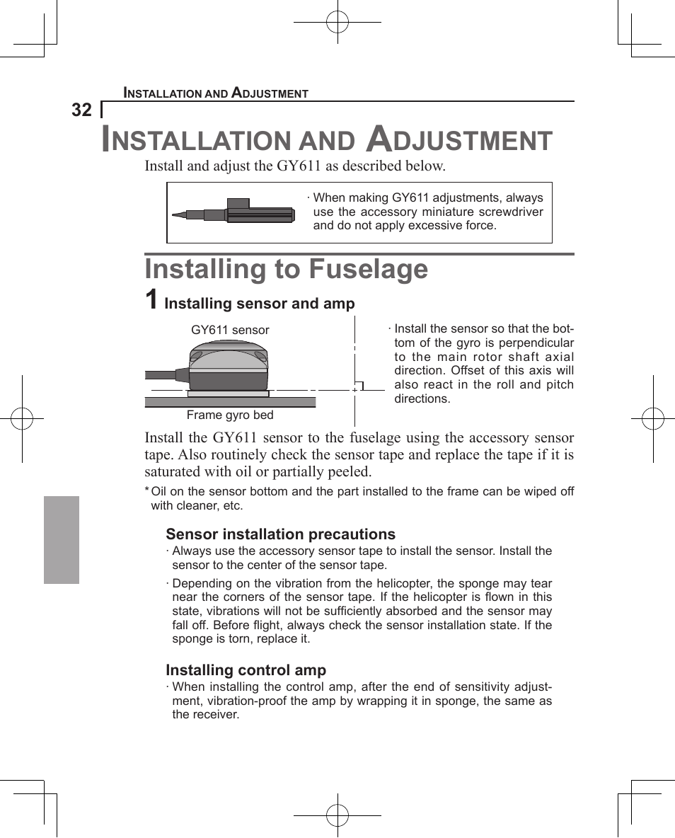 Installing to fuselage 1, Nstallation and, Djustment | Futaba GY611 User Manual | Page 32 / 43