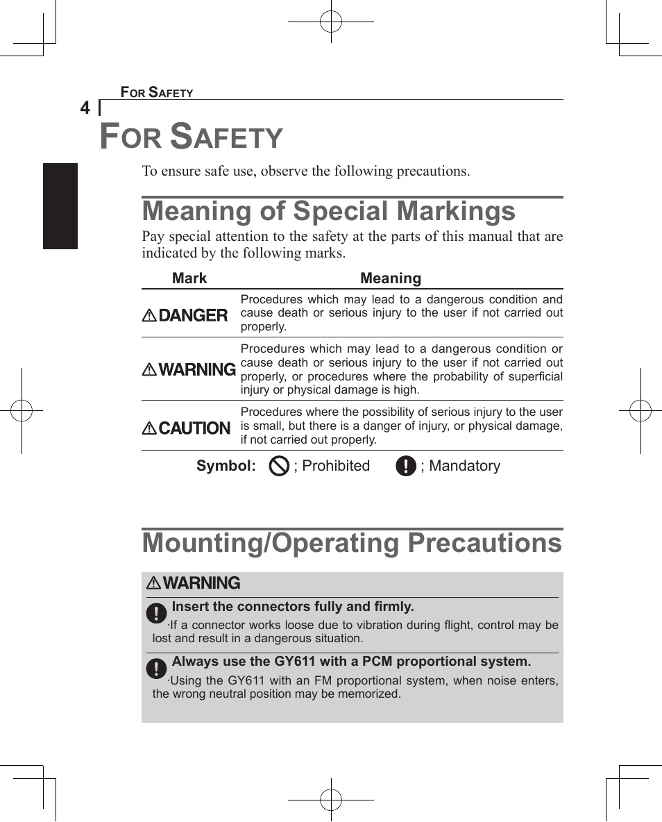 Afety, Meaning of special markings, Mounting/operating precautions | Futaba GY611 User Manual | Page 4 / 43