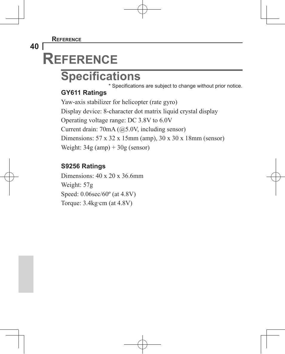 Eference, Speciﬁcations | Futaba GY611 User Manual | Page 40 / 43