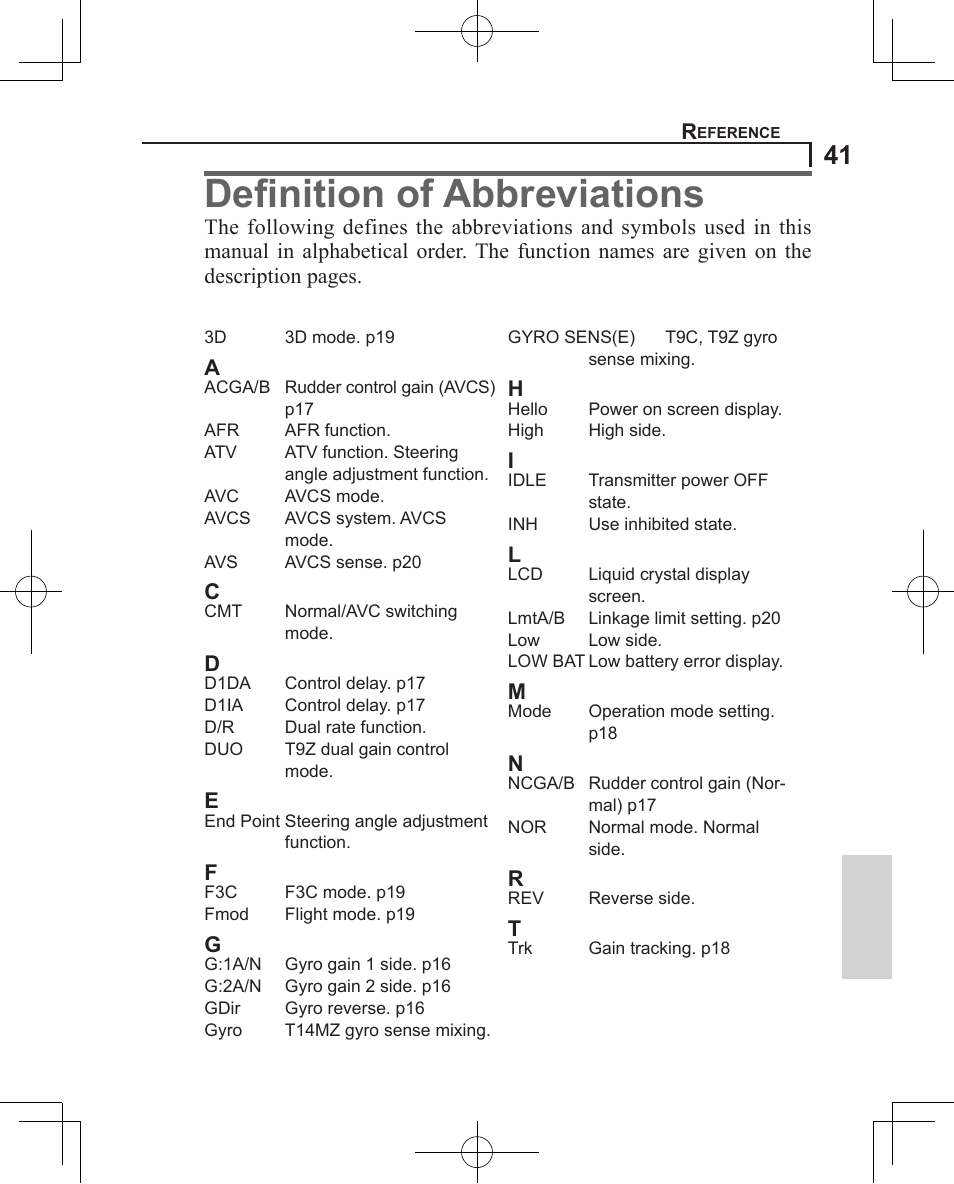 Deﬁnition of abbreviations | Futaba GY611 User Manual | Page 41 / 43