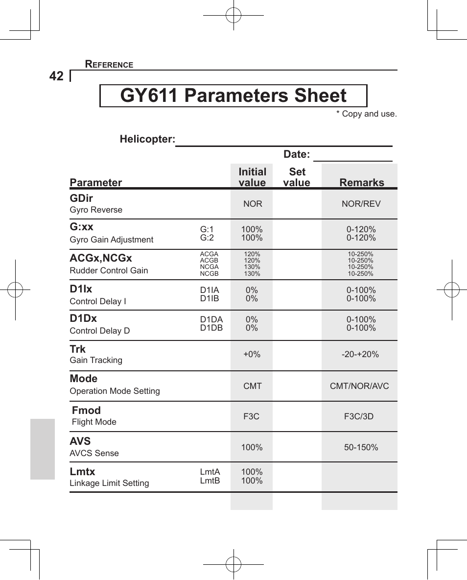 Gy611 parameters sheet, G:xx gdir acgx,ncgx d1ix trk fmod mode, Parameter helicopter: date: initial set | D1dx, Lmtx, Value value remarks | Futaba GY611 User Manual | Page 42 / 43