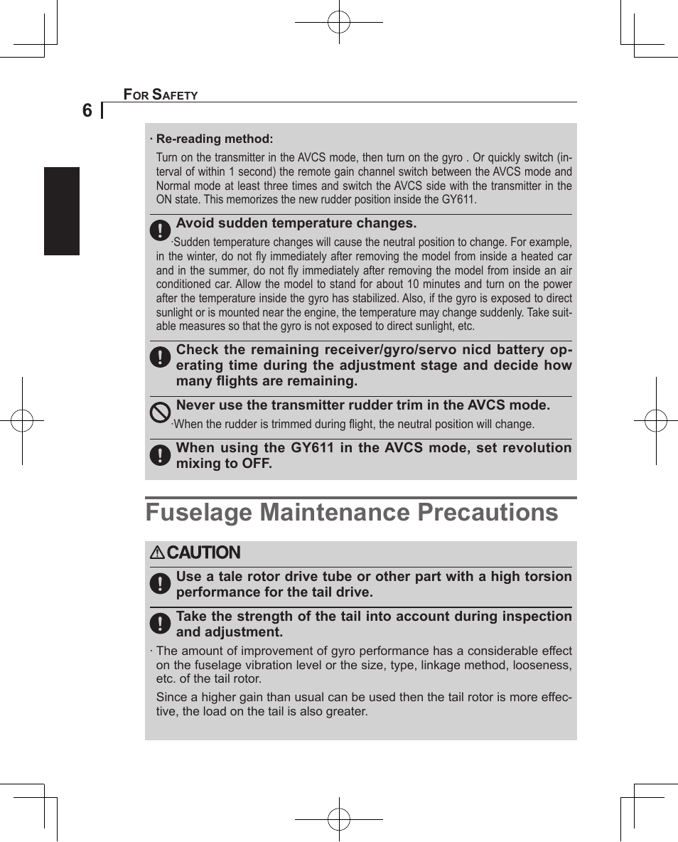 Fuselage maintenance precautions | Futaba GY611 User Manual | Page 6 / 43