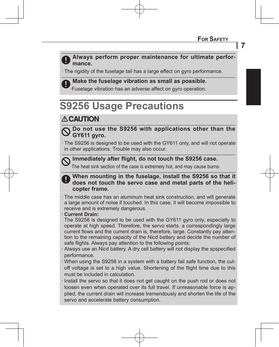 S9256 usage precautions | Futaba GY611 User Manual | Page 7 / 43