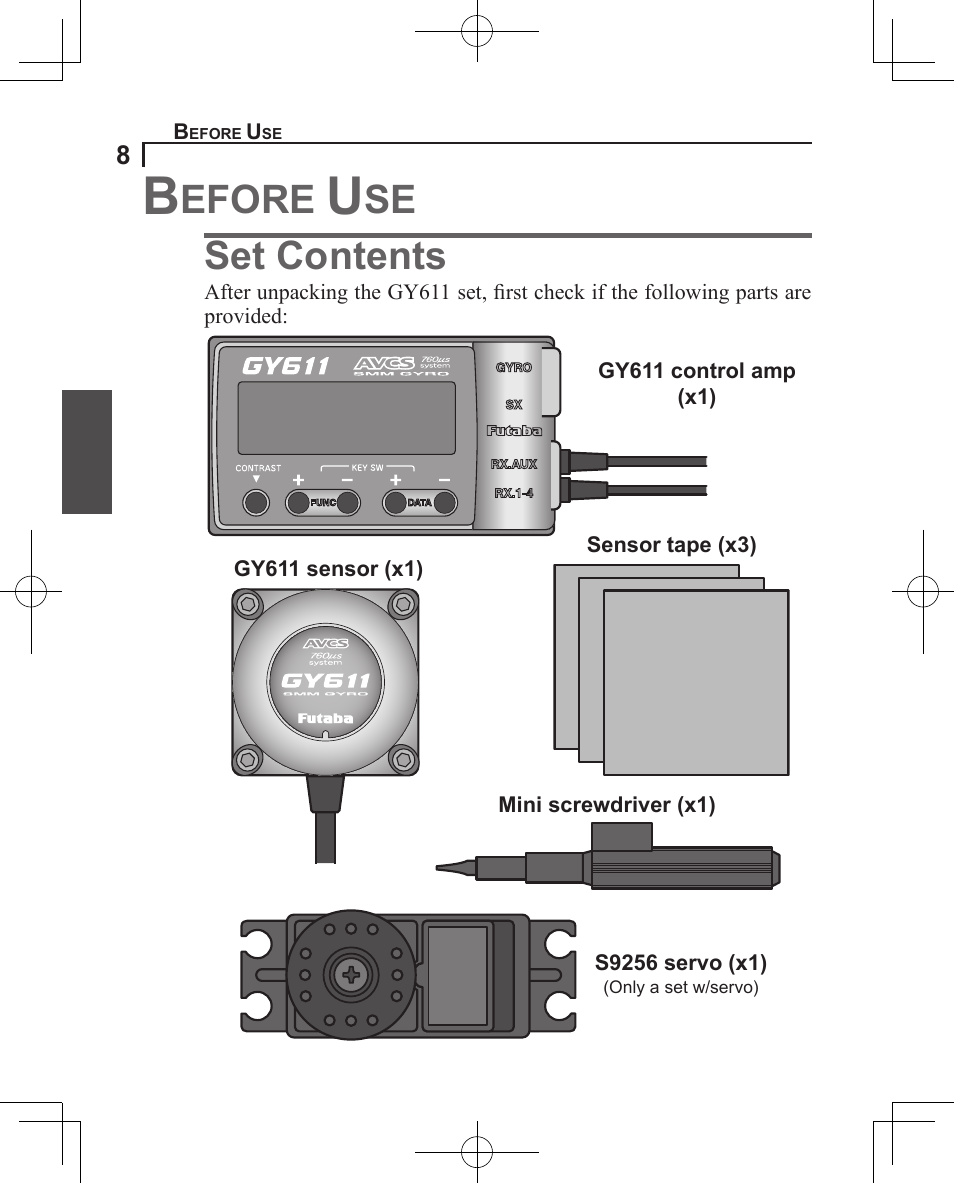 Set contents, Efore | Futaba GY611 User Manual | Page 8 / 43