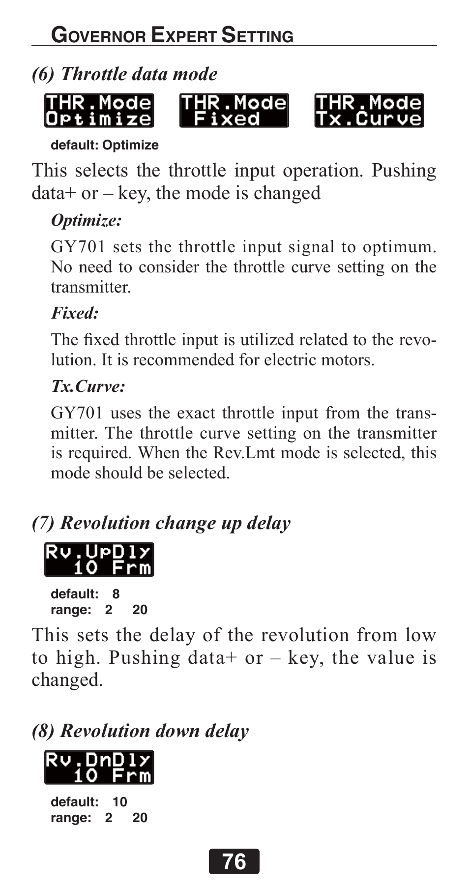 6) throttle data mode, 7) revolution change up delay | Futaba GY701 User Manual | Page 76 / 79