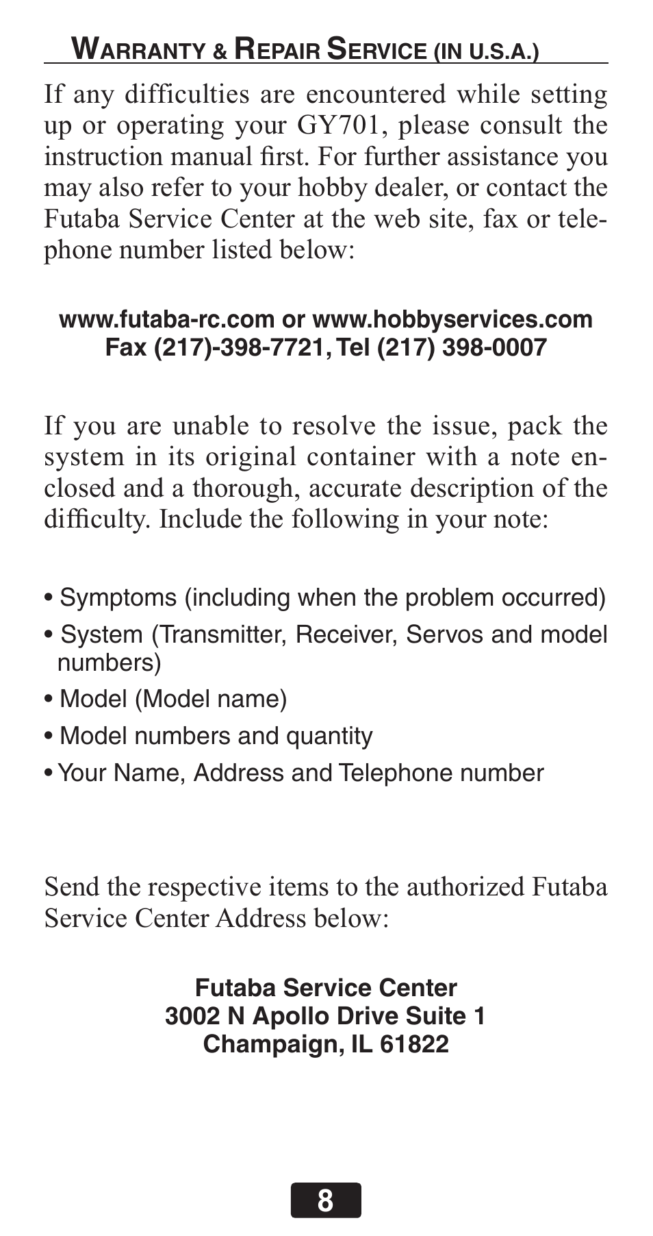 Futaba GY701 User Manual | Page 8 / 79