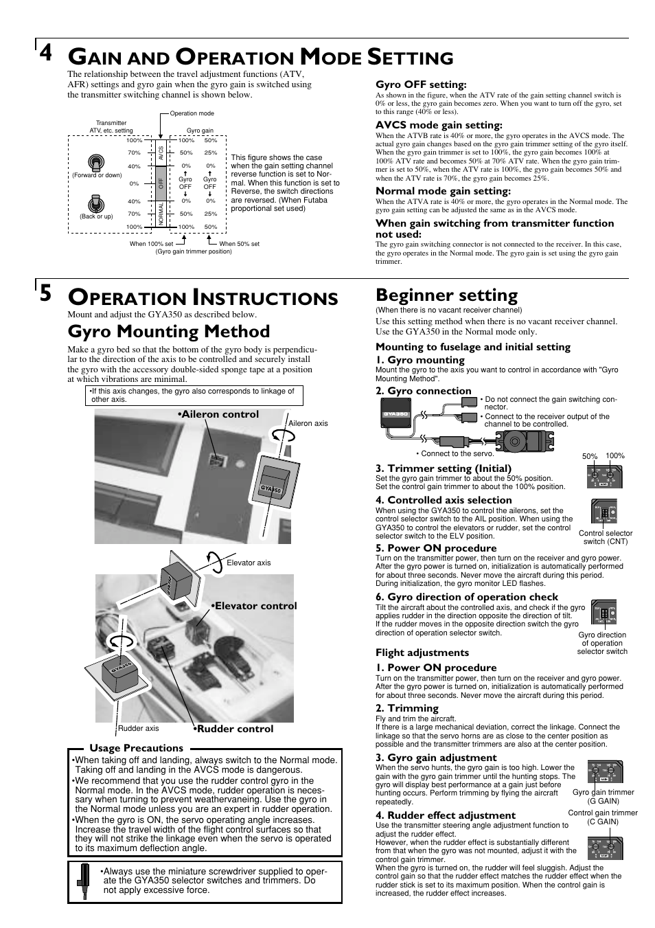 Gyro mounting method, Beginner setting, Ain and | Peration, Etting, Nstructions | Futaba GYA350 User Manual | Page 2 / 4