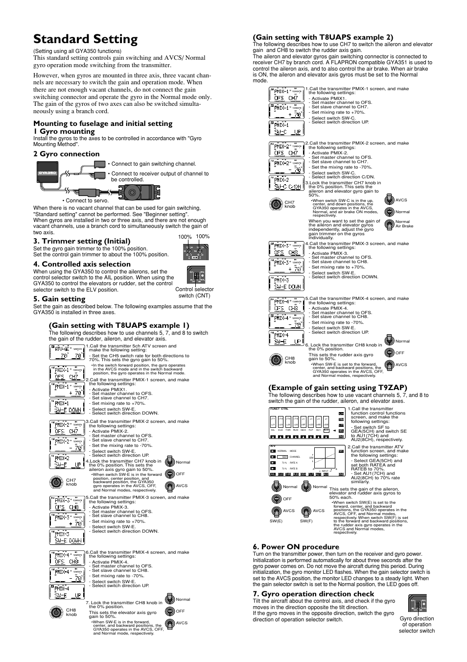 Standard setting, 2 gyro connection, Trimmer setting (initial) | Controlled axis selection, Gain setting, Gain setting with t8uaps example 1), Gain setting with t8uaps example 2), Example of gain setting using t9zap), Power on procedure, Gyro operation direction check | Futaba GYA350 User Manual | Page 3 / 4