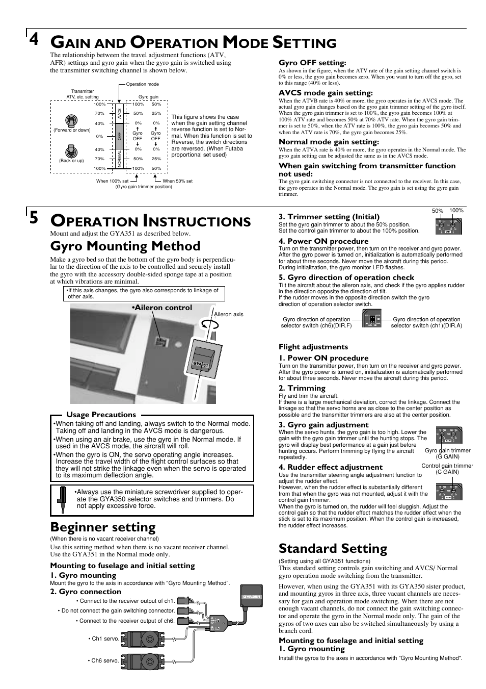 Gyro mounting method, Beginner setting, Standard setting | Ain and, Peration, Etting, Nstructions | Futaba GYA351 User Manual | Page 2 / 4