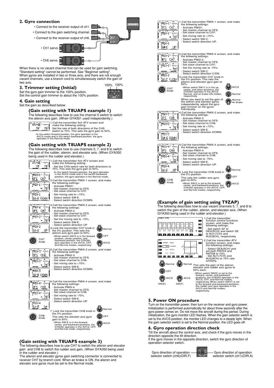 Trimmer setting (initial), Gain setting, Gain setting with t8uaps example 2) | Gain setting with t8uaps example 3), Example of gain setting using t9zap), Power on procedure, Gyro operation direction check, Gyro connection, Gain setting with t8uaps example 1) | Futaba GYA351 User Manual | Page 3 / 4