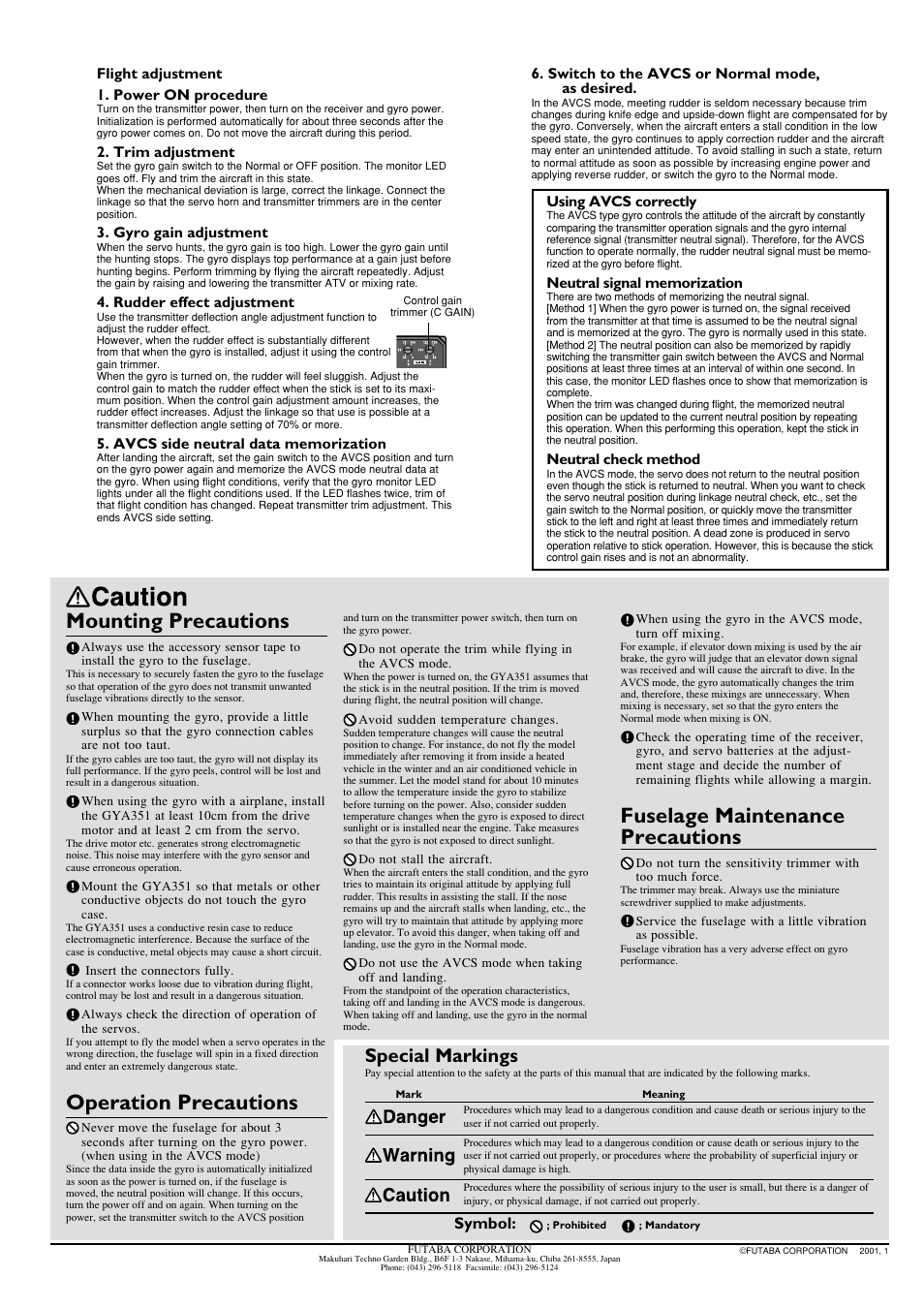 Fuselage maintenance precautions, Mounting precautions, Operation precautions | Special markings | Futaba GYA351 User Manual | Page 4 / 4