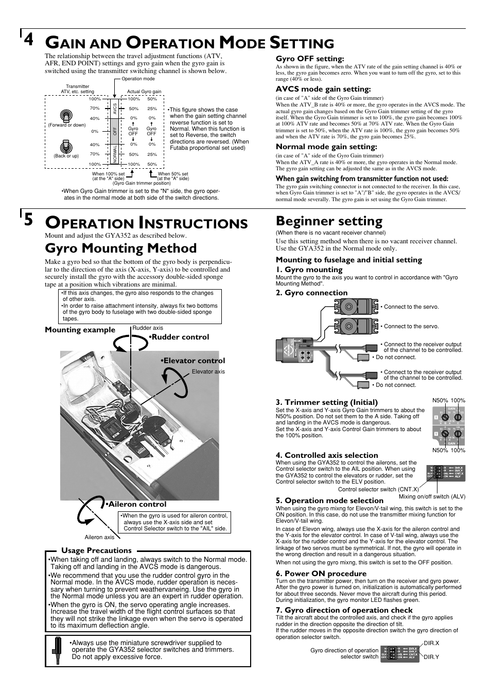 Gyro mounting method, Beginner setting, Ain and | Peration, Etting, Nstructions | Futaba GYA352 User Manual | Page 2 / 4