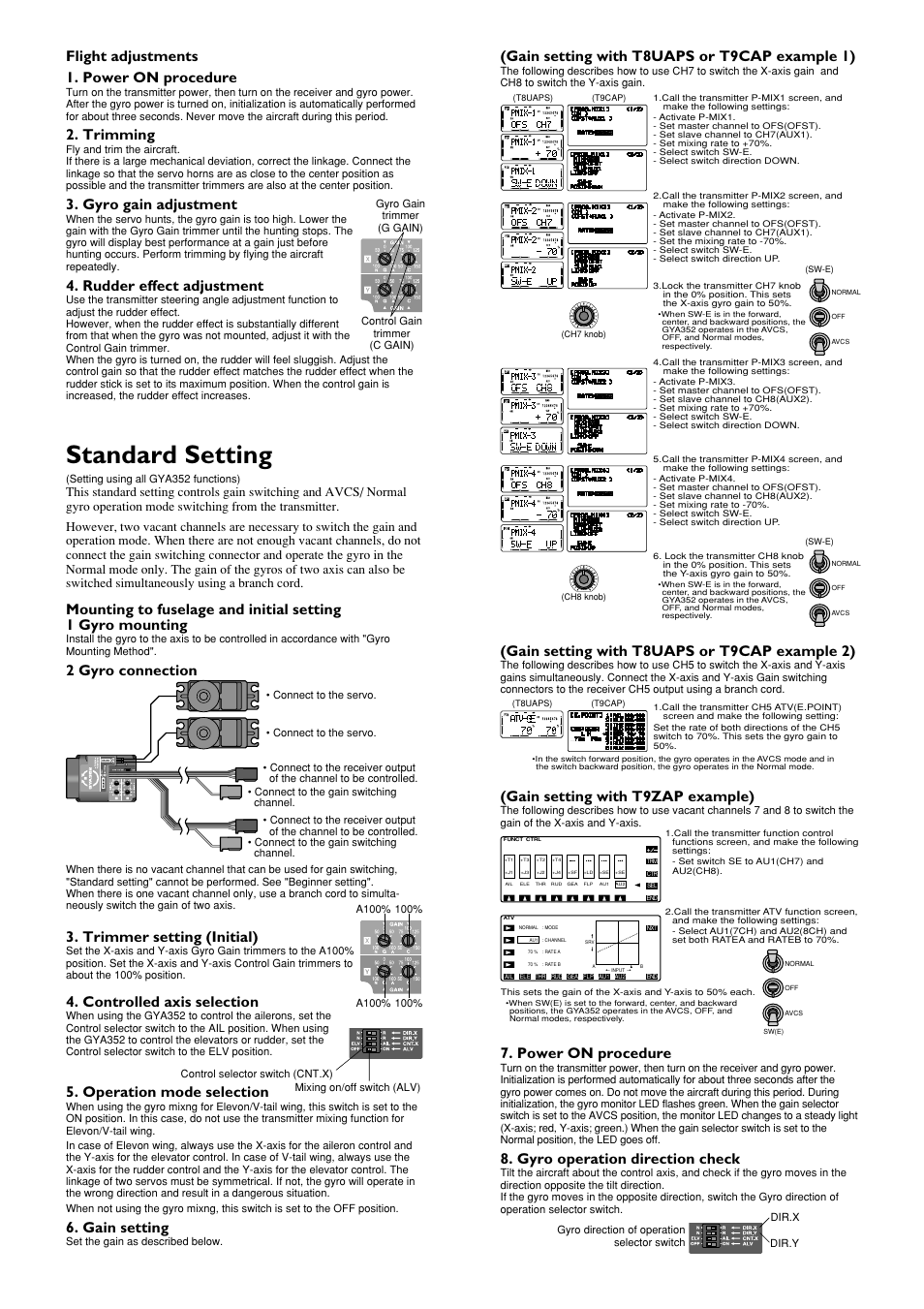 Standard setting, 2 gyro connection, Gain setting with t9zap example) | Power on procedure, Gyro operation direction check, Flight adjustments 1. power on procedure, Trimming, Gyro gain adjustment, Rudder effect adjustment, Trimmer setting (initial) | Futaba GYA352 User Manual | Page 3 / 4