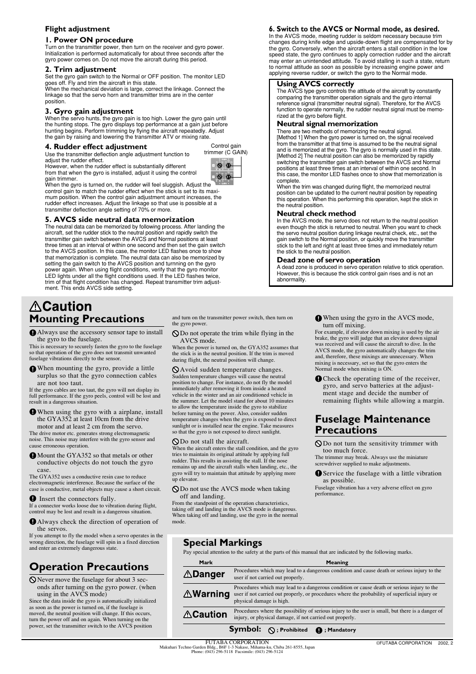 Fuselage maintenance precautions, Mounting precautions, Operation precautions | Special markings | Futaba GYA352 User Manual | Page 4 / 4