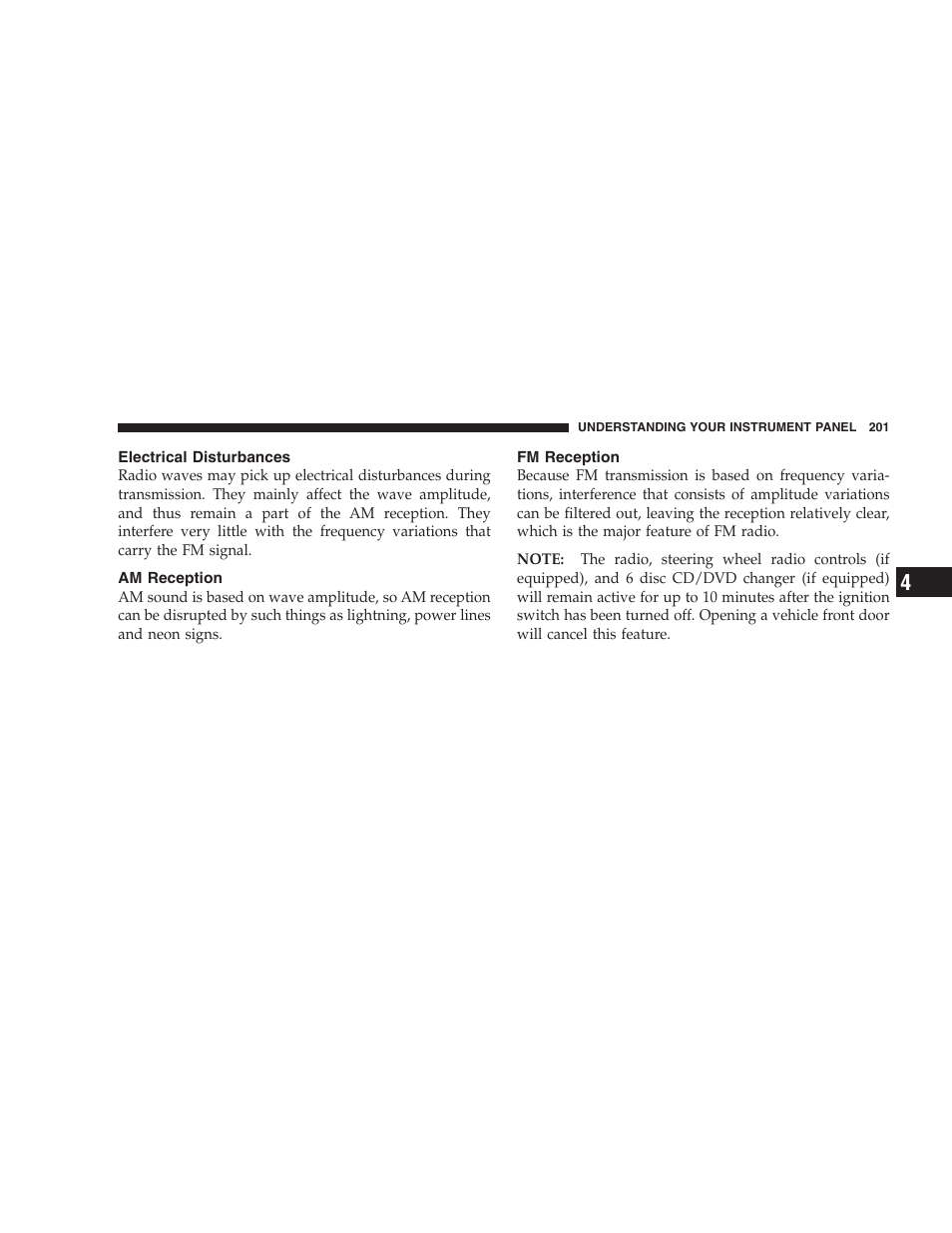 Electrical disturbances, Am reception, Fm reception | Chrysler 2007 Pacifica User Manual | Page 201 / 464