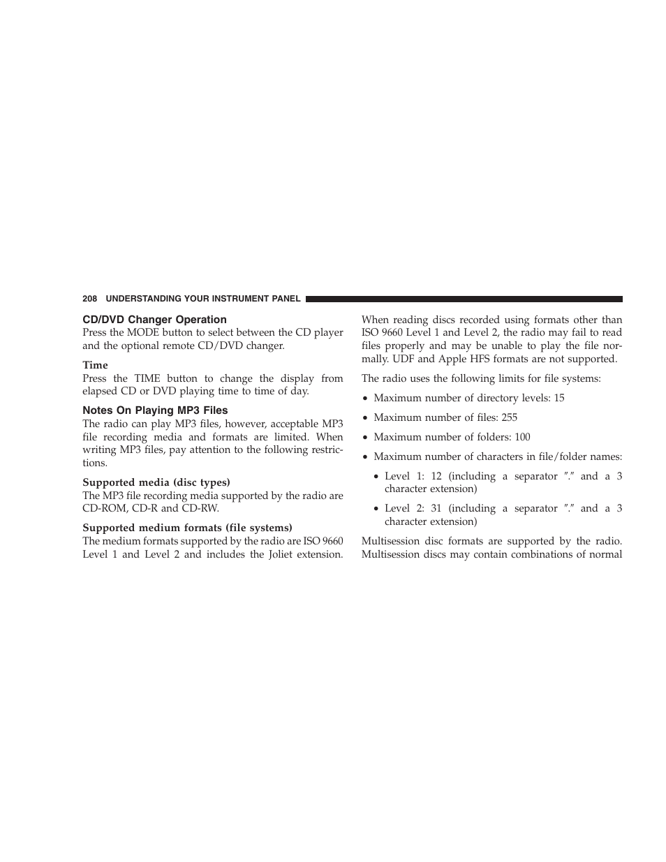 Cd/dvd changer operation, Notes on playing mp3 files | Chrysler 2007 Pacifica User Manual | Page 208 / 464