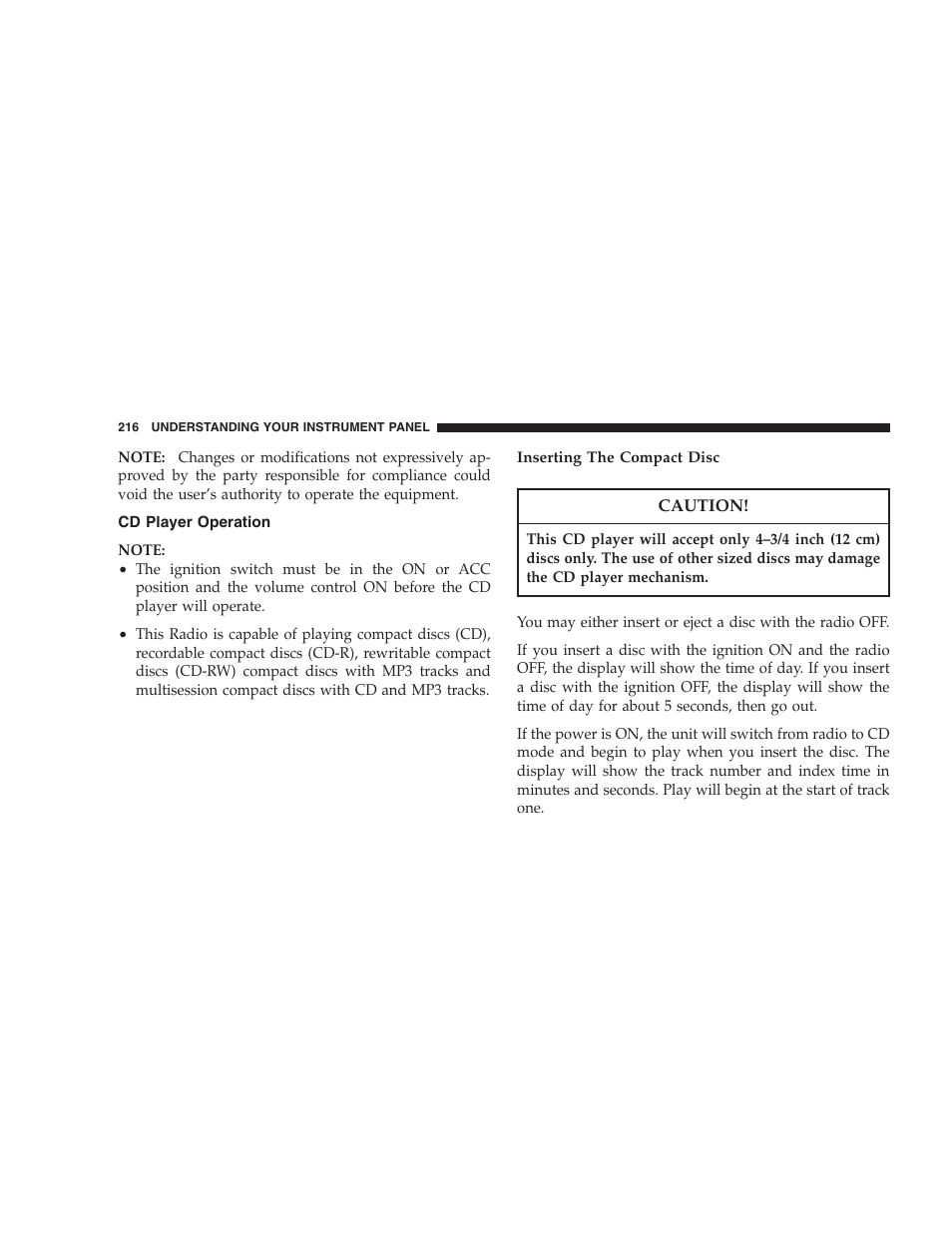 Cd player operation | Chrysler 2007 Pacifica User Manual | Page 216 / 464