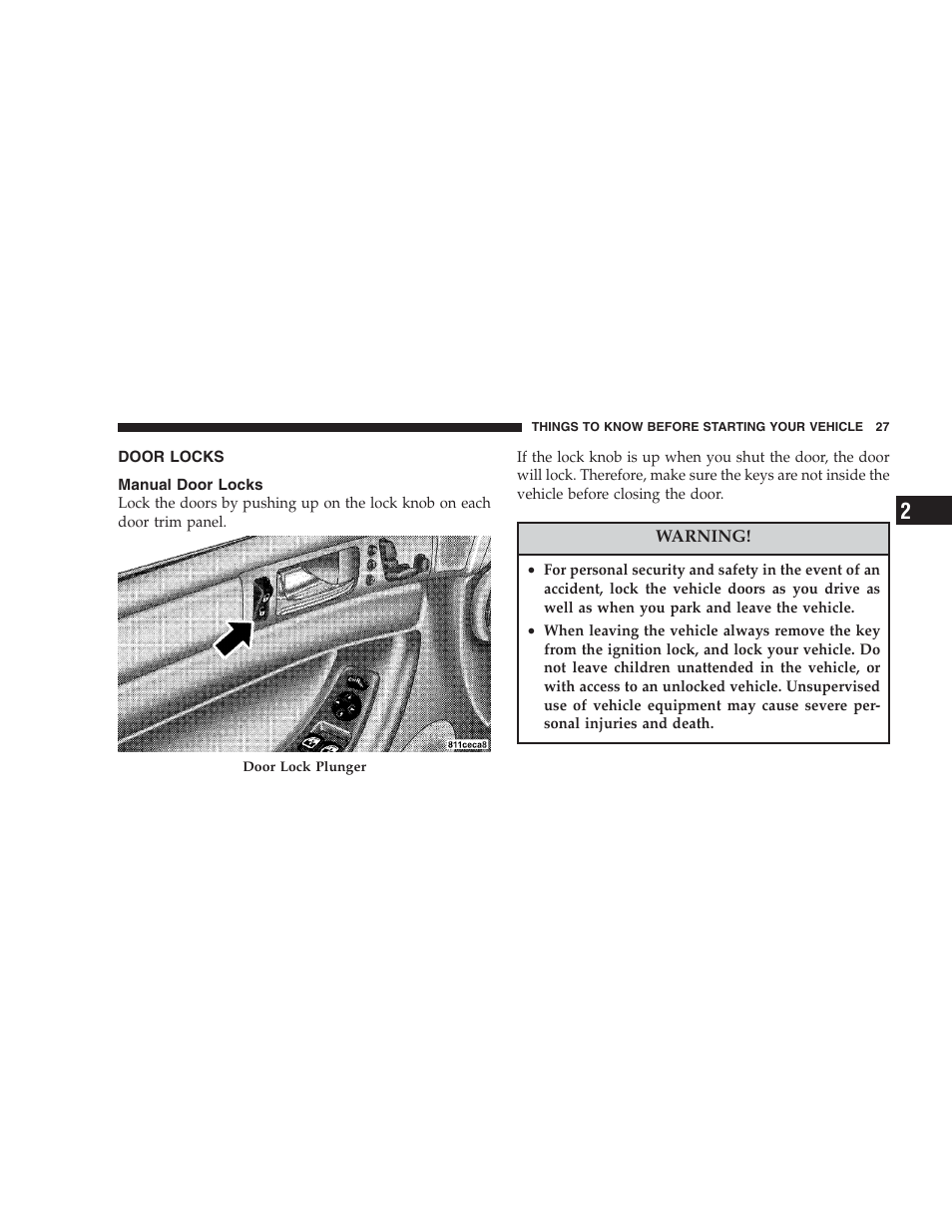 Door locks, Manual door locks | Chrysler 2007 Pacifica User Manual | Page 27 / 464