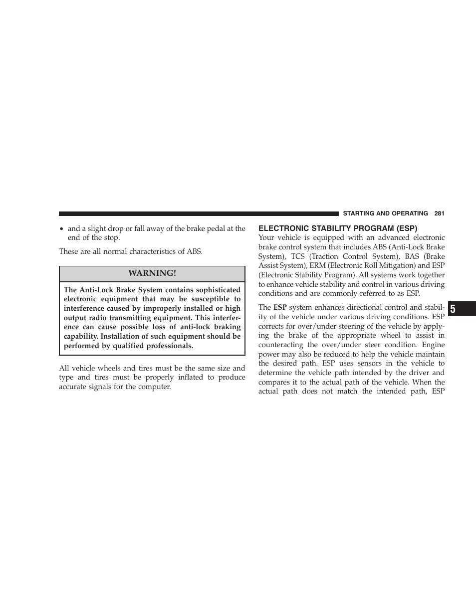 Electronic stability program (esp) | Chrysler 2007 Pacifica User Manual | Page 281 / 464
