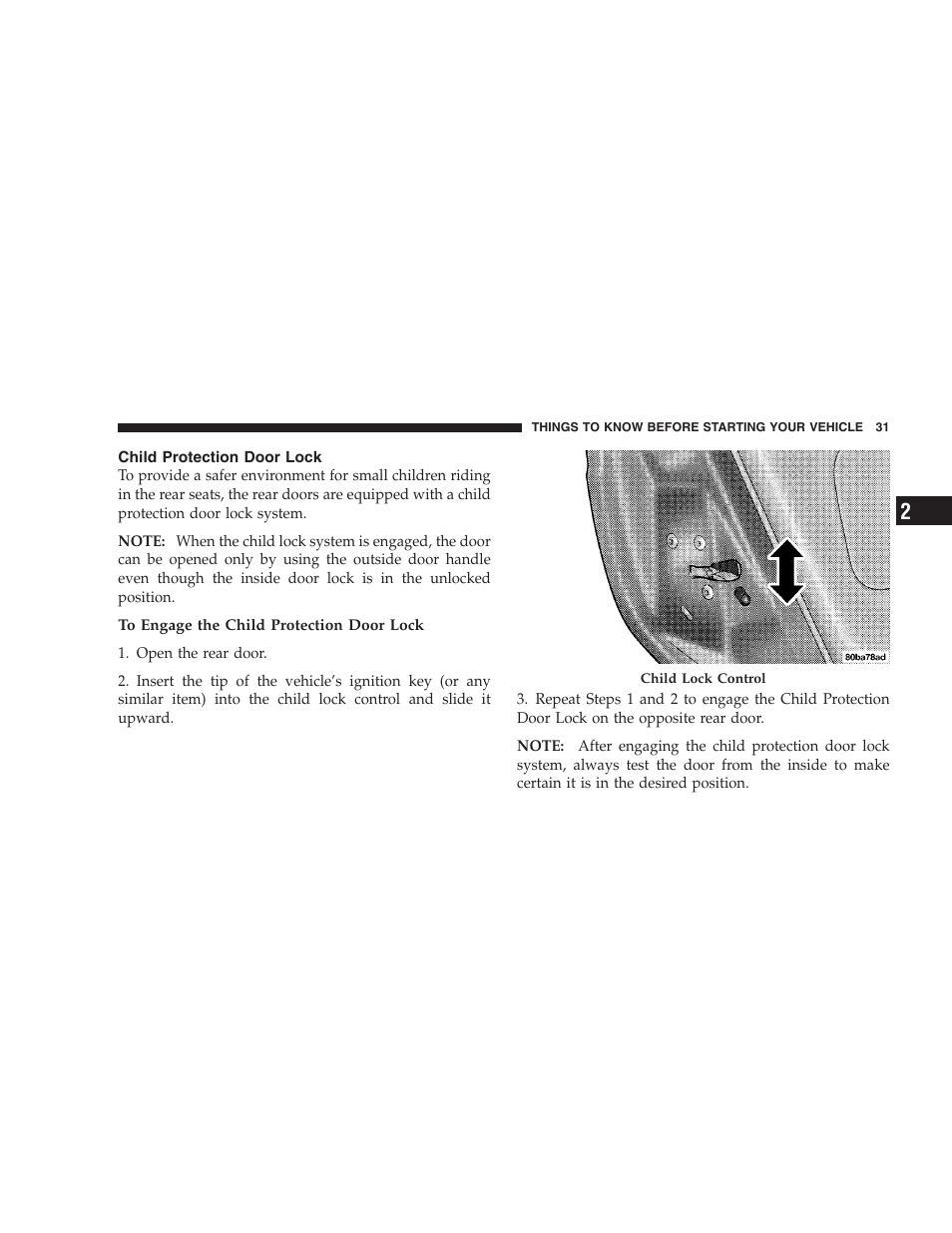 Child protection door lock | Chrysler 2007 Pacifica User Manual | Page 31 / 464