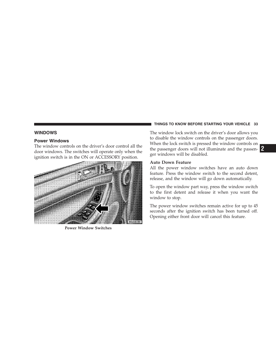 Windows, Power windows | Chrysler 2007 Pacifica User Manual | Page 33 / 464