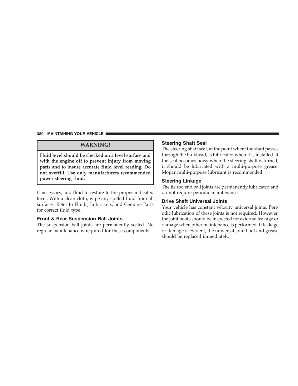 Front & rear suspension ball joints, Steering shaft seal, Steering linkage | Drive shaft universal joints | Chrysler 2007 Pacifica User Manual | Page 380 / 464