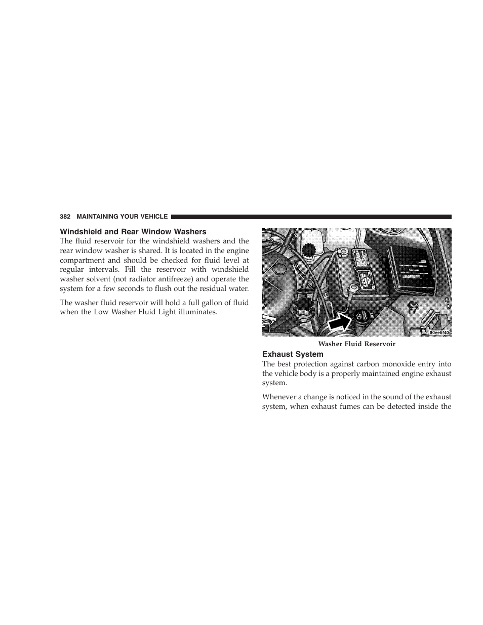 Windshield and rear window washers, Exhaust system | Chrysler 2007 Pacifica User Manual | Page 382 / 464