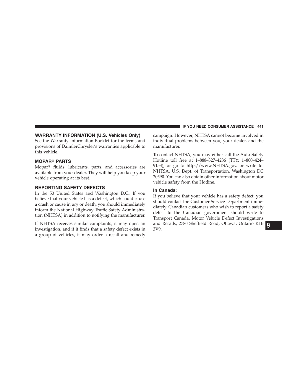 Warranty information (u.s. vehicles only), Mopar௡ parts, Reporting safety defects | In canada | Chrysler 2007 Pacifica User Manual | Page 441 / 464