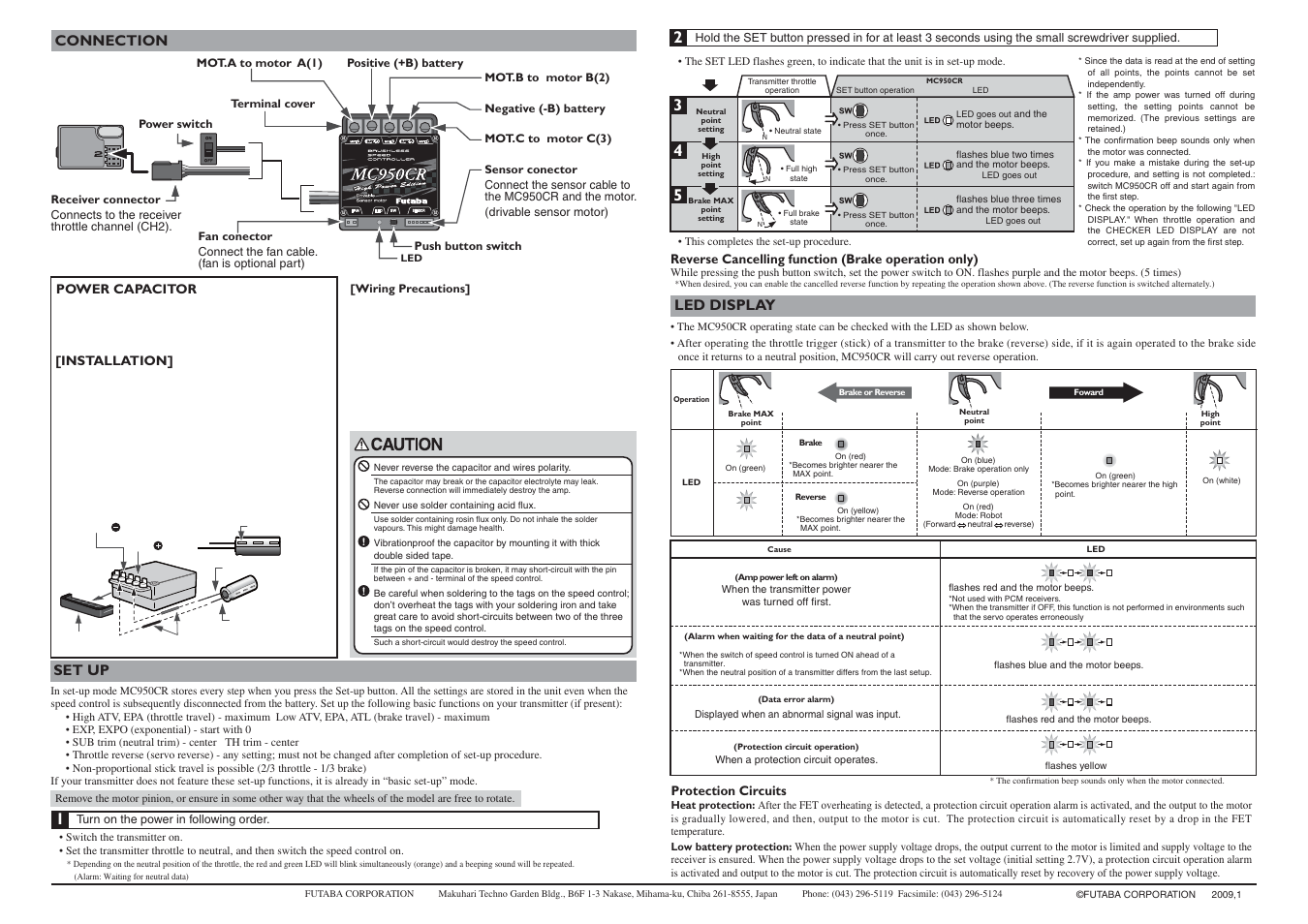 Connection, Set up, Led display | Futaba MC950CR User Manual | Page 2 / 2