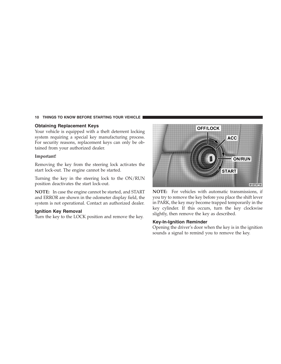 Obtaining replacement keys, Ignition key removal, Key-in-ignition reminder | Chrysler Crossfire SRT6 User Manual | Page 10 / 280