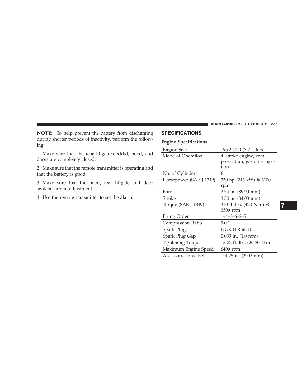 Specifications | Chrysler Crossfire SRT6 User Manual | Page 233 / 280