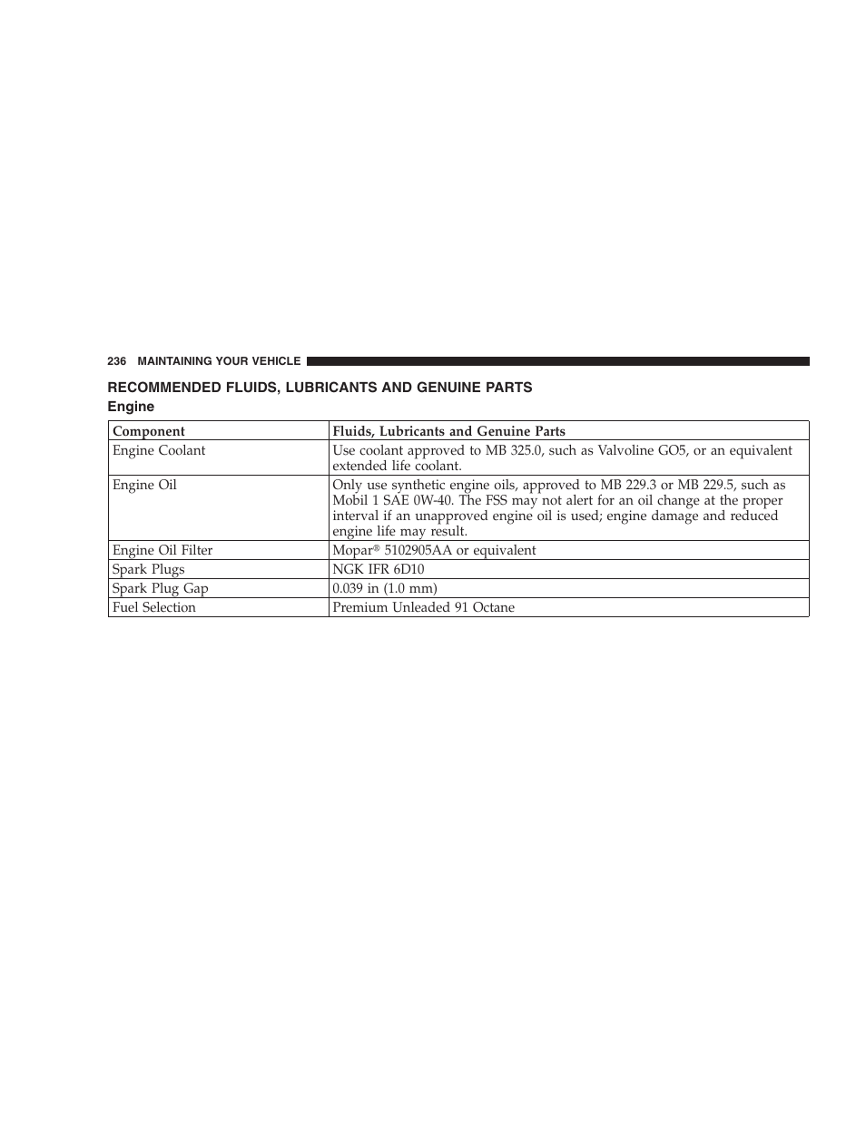 Recommended fluids, lubricants and genuine, Parts, Engine | Chrysler Crossfire SRT6 User Manual | Page 236 / 280