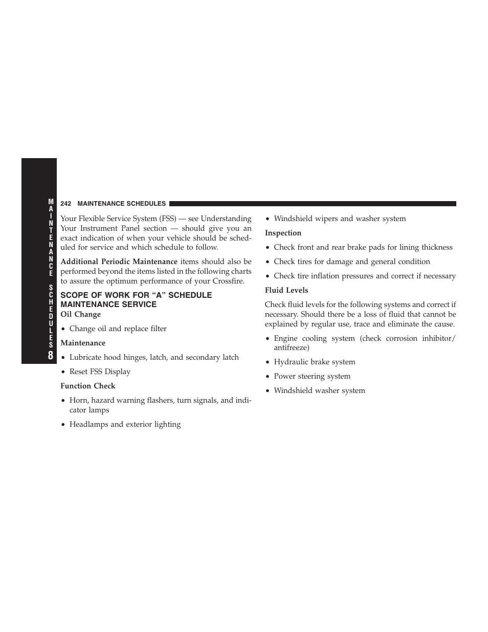 Scope of work for “a” schedule maintenance, Service | Chrysler Crossfire SRT6 User Manual | Page 242 / 280