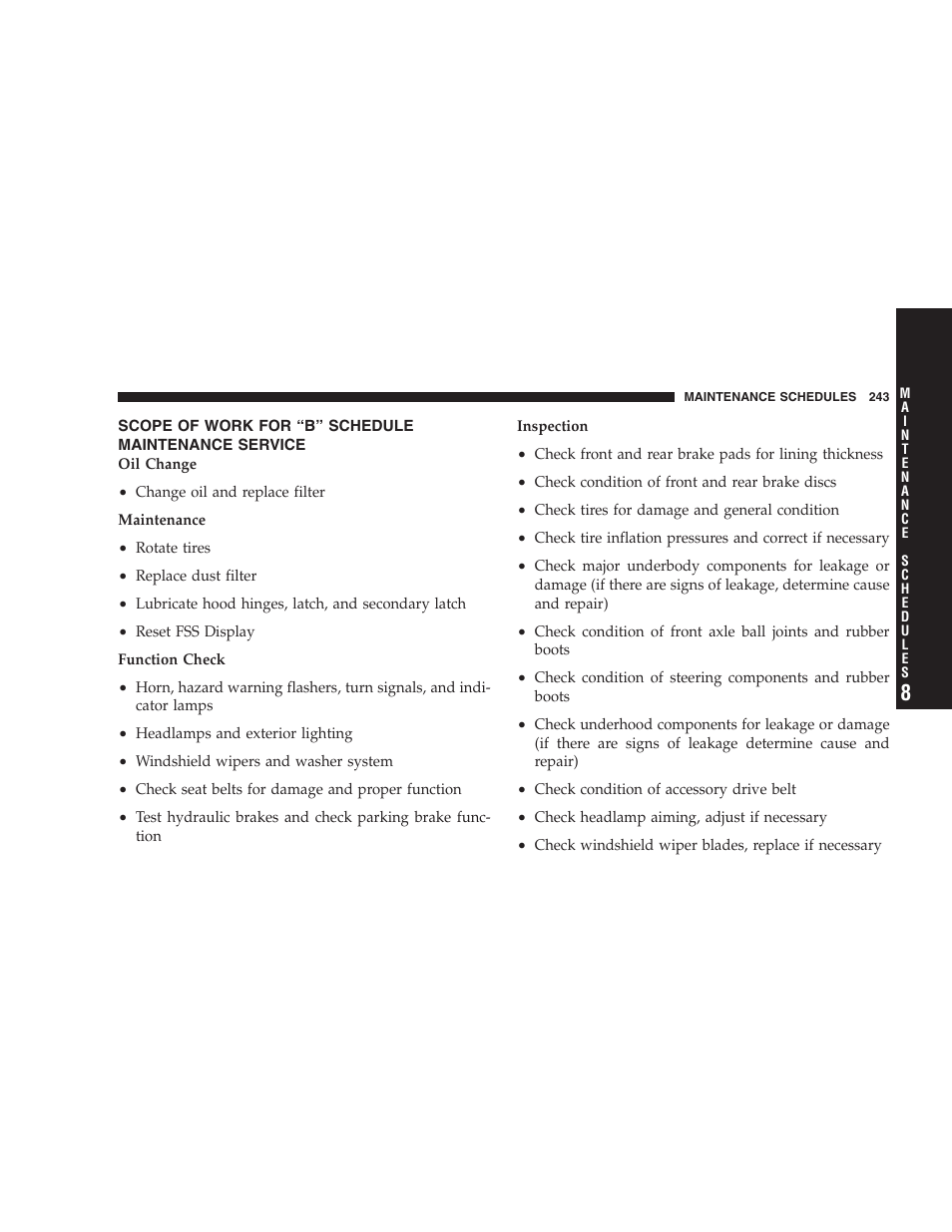 Scope of work for “b” schedule maintenance, Service | Chrysler Crossfire SRT6 User Manual | Page 243 / 280