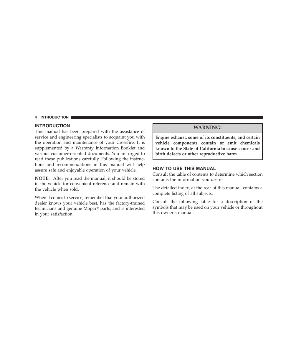 Introduction, How to use this manual | Chrysler Crossfire SRT6 User Manual | Page 4 / 280