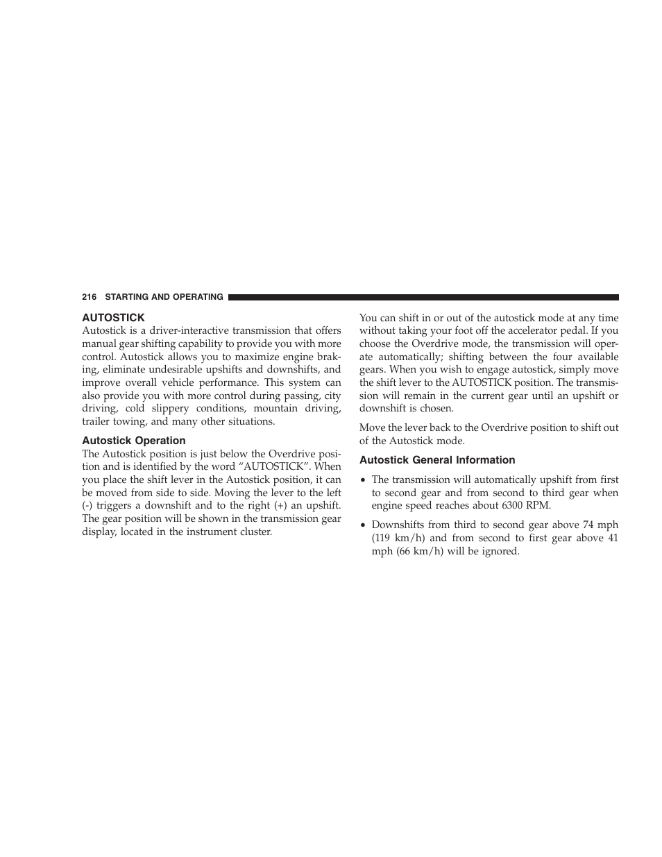 Autostick, Autostick operation, Autostick general information | Chrysler 2005 Pacifica Touring User Manual | Page 216 / 376