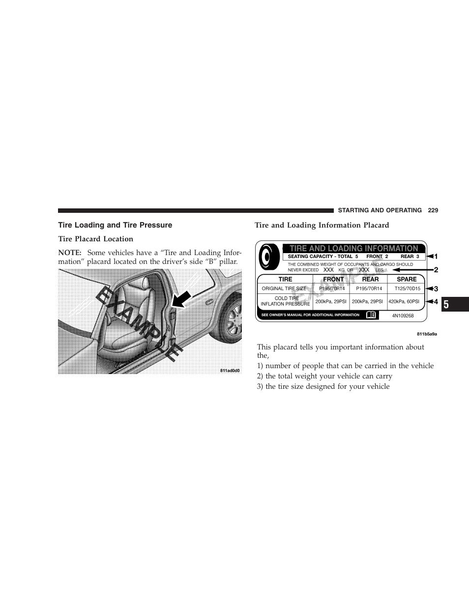 Tire loading and tire pressure | Chrysler 2005 Pacifica Touring User Manual | Page 229 / 376