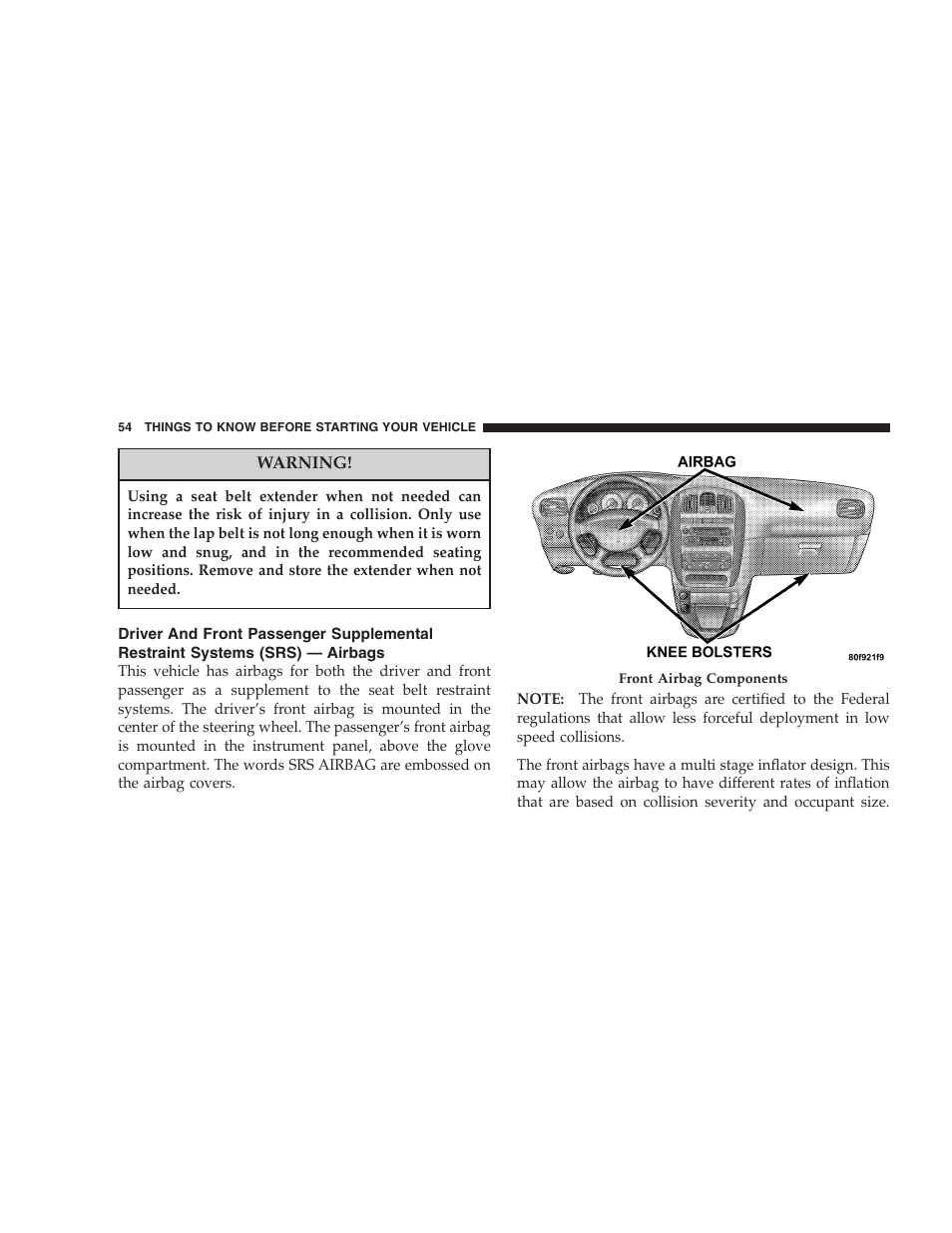 Driver and front passenger supplemental, Restraint systems (srs) — airbags | Chrysler 2005 Town and Country User Manual | Page 54 / 472