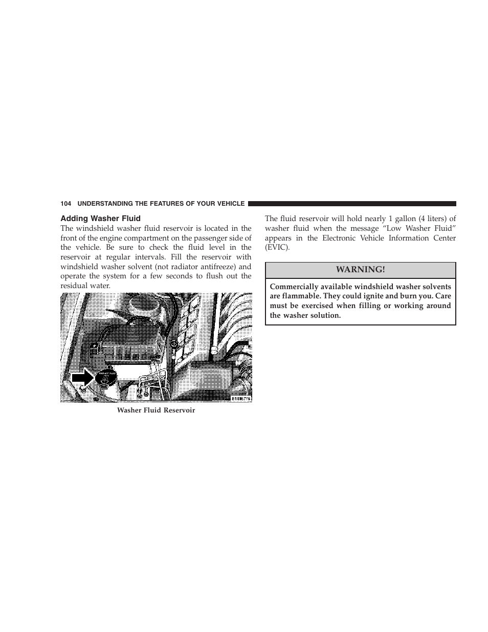 Adding washer fluid | Chrysler 2007 300 SRT8 User Manual | Page 104 / 360