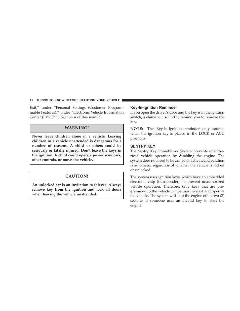 Key-in-ignition reminder, Sentry key | Chrysler 2007 300 SRT8 User Manual | Page 12 / 360
