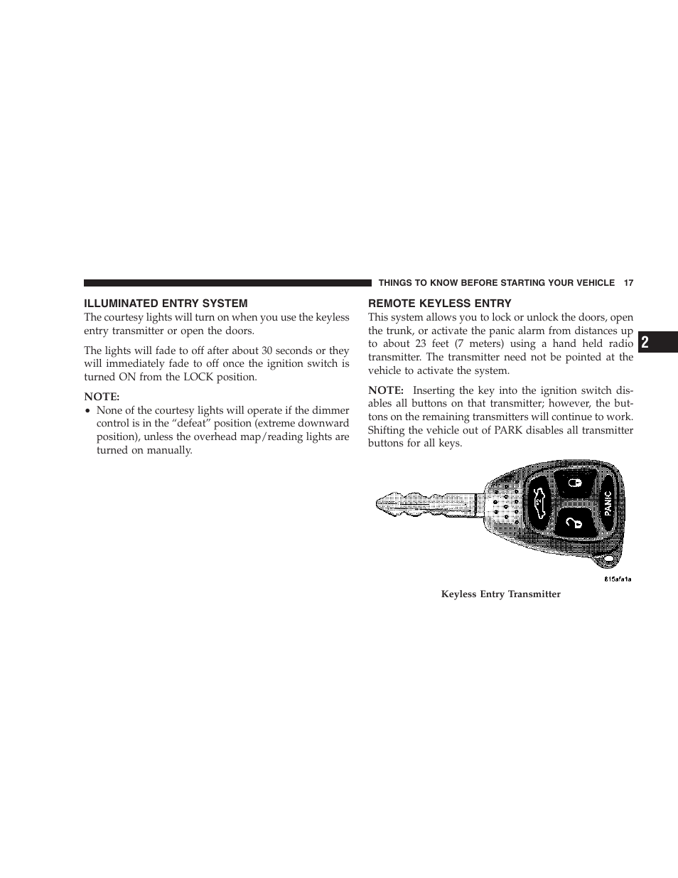 Illuminated entry system, Remote keyless entry | Chrysler 2007 300 SRT8 User Manual | Page 17 / 360