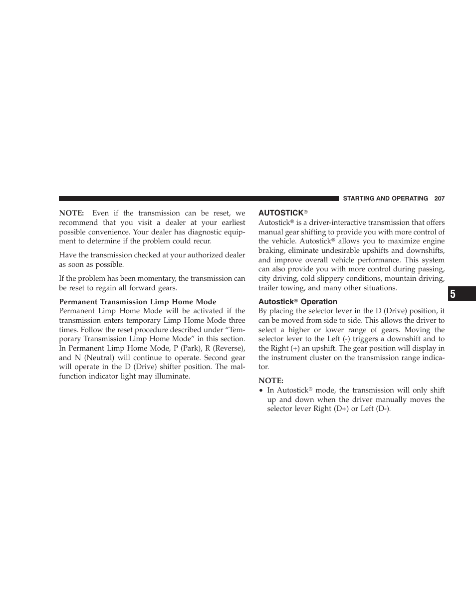 Autostick, Autostick௡ operation | Chrysler 2007 300 SRT8 User Manual | Page 207 / 360