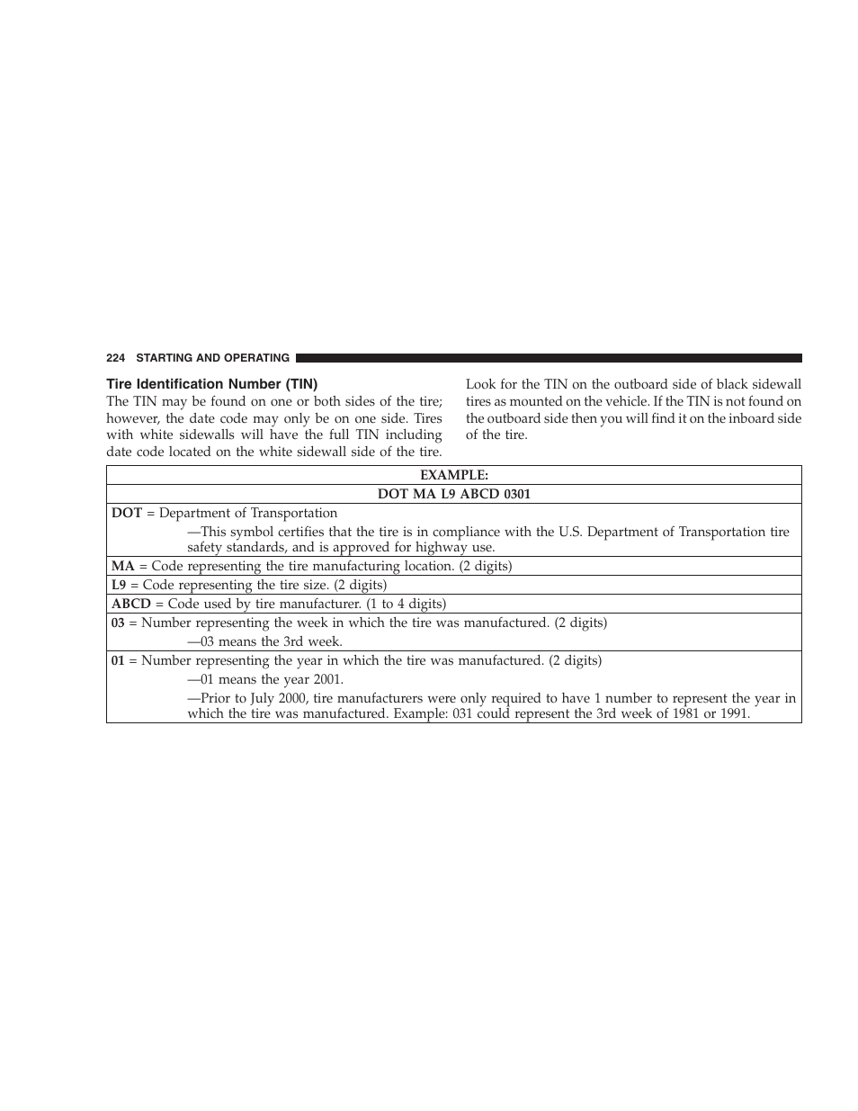 Tire identification number (tin) | Chrysler 2007 300 SRT8 User Manual | Page 224 / 360