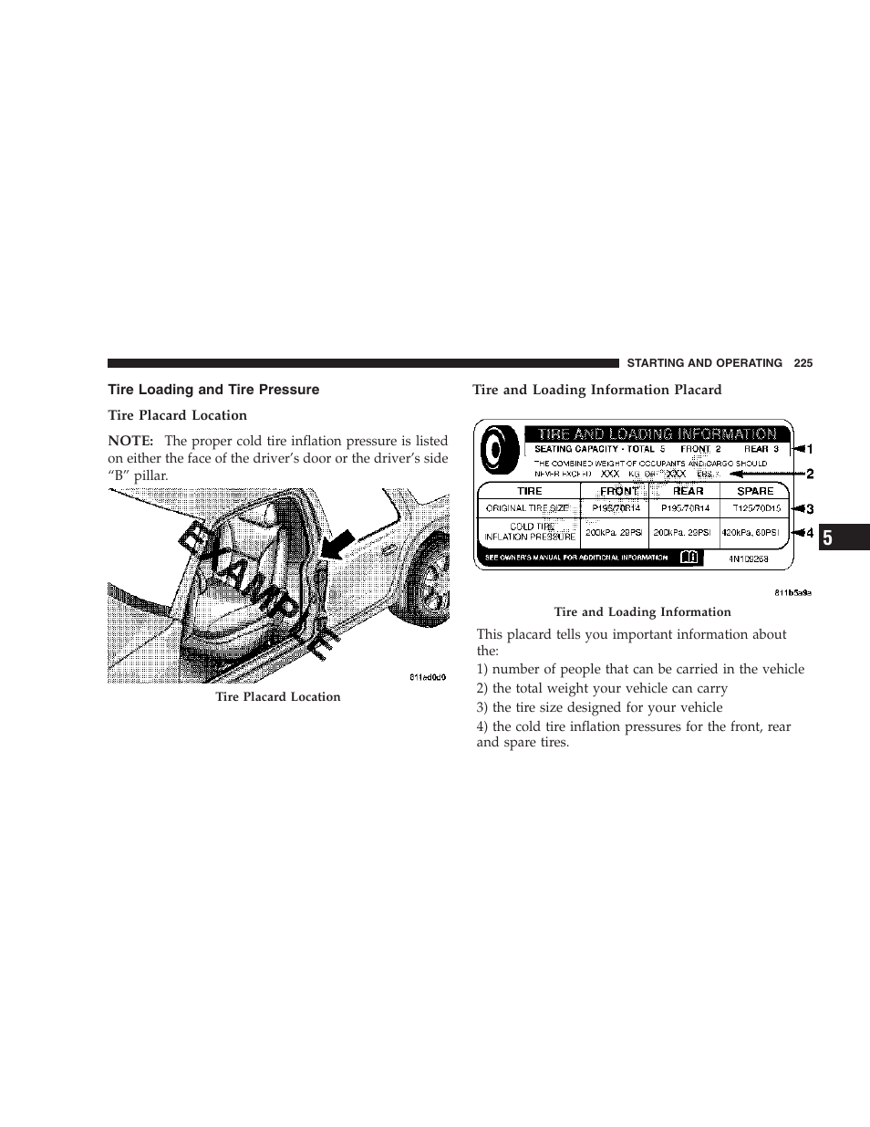 Tire loading and tire pressure | Chrysler 2007 300 SRT8 User Manual | Page 225 / 360